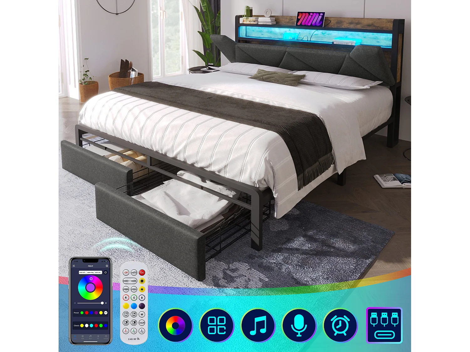 Łóżko dla dorosłych 140 x 200 cm z szufladami i schowkiem na wezgłowie - USB + Typ C + LED - Len - Szary 3039870 - obrazek 1