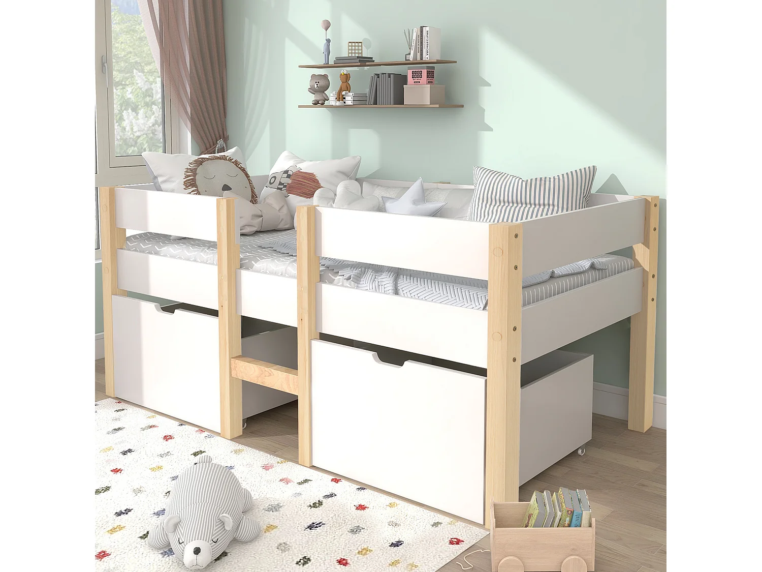 Łóżko dziecięce średniej wysokości 90 x 190 cm - 2 szuflady - lite drewno sosnowe - białe 3039887 - obrazek 1