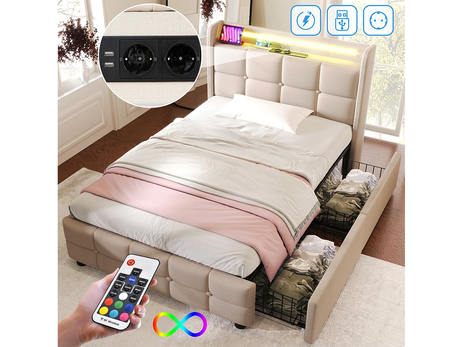 Łóżko dziecięce tapicerowane 90 x 200 cm z 2 szufladami - USB + LED - tkanina lniana - beż 3039897 - obrazek 1