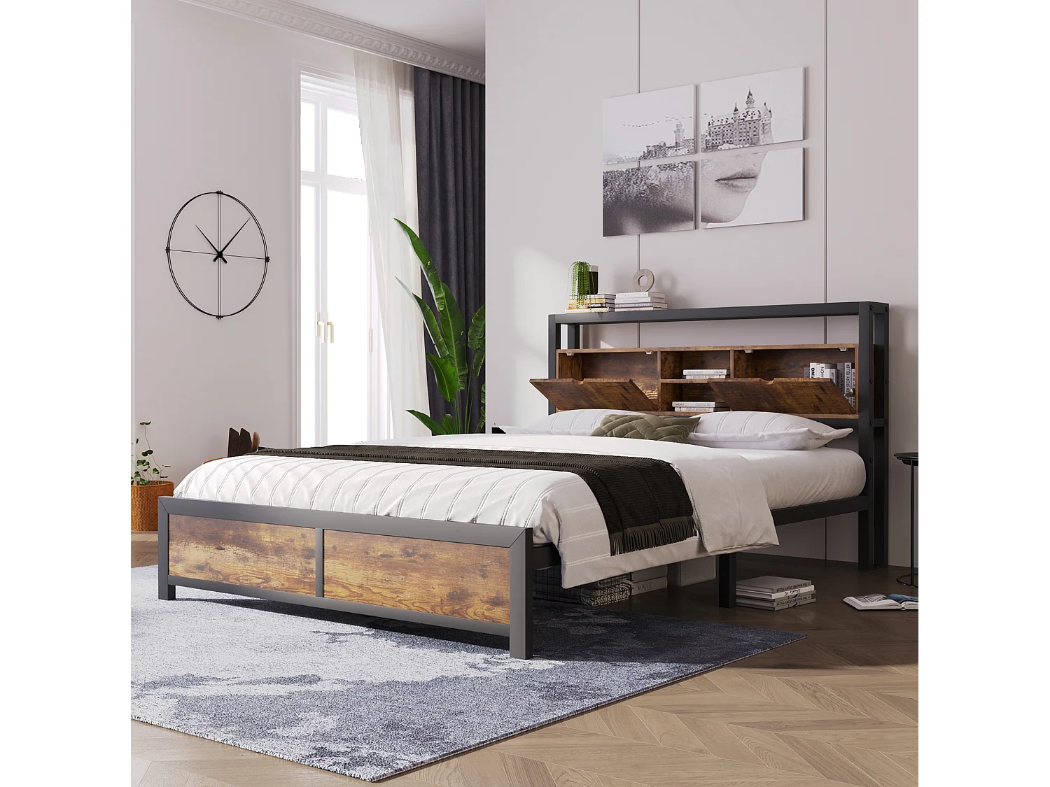 Łóżko metalowe 140 x 200 cm ze schowkiem na pościel w zagłówku – styl industrialny – czarne 3039902