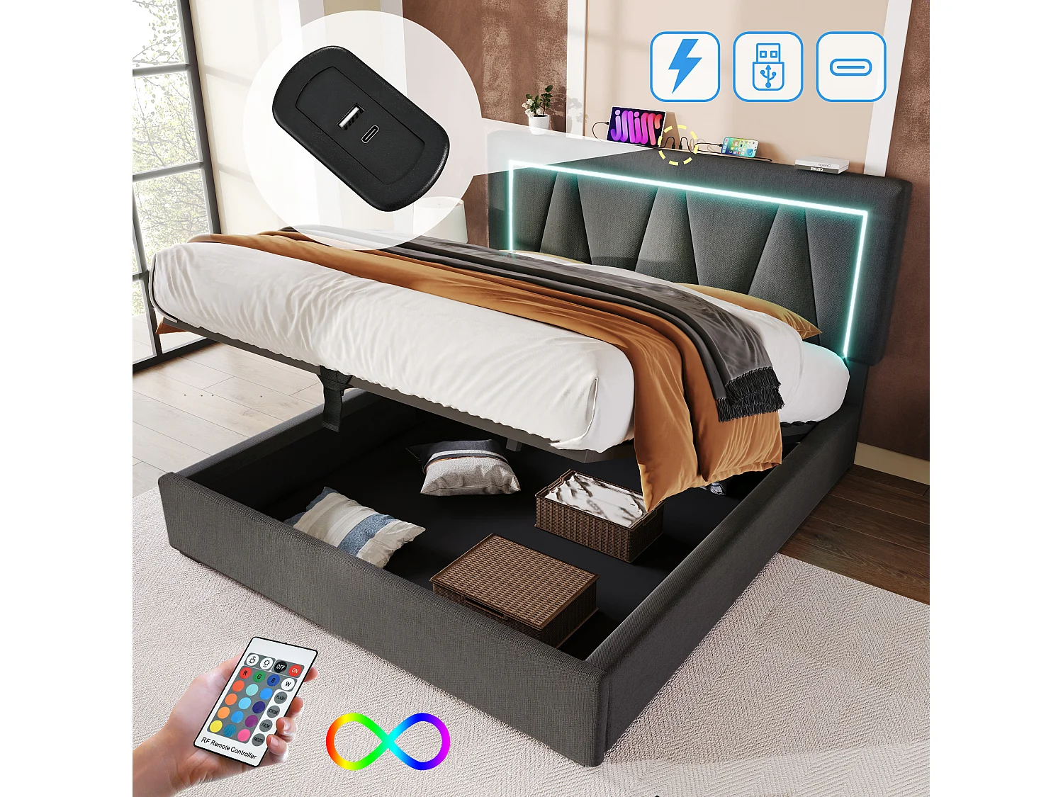 Łóżko dla dorosłych 160 x 200 cm ze schowkiem - USB + Typ C + LED - tkanina lniana - szare 3039932 - obrazek 1