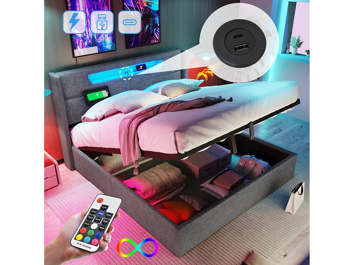 Łóżko dla dorosłych ze schowkiem 140 x 200 cm z zagłówkiem - USB + Typ C + LED - tkanina lniana - szare 3039934 - obrazek 1