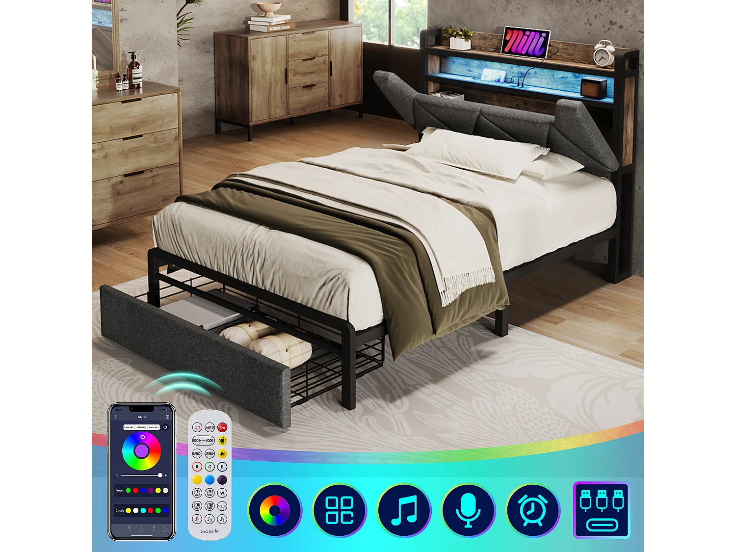 Łóżko dziecięce 90 x 200 cm z szufladą i schowkiem na wezgłowie - USB + Typ C + LED - Len - Szary 3039939 - obrazek 1