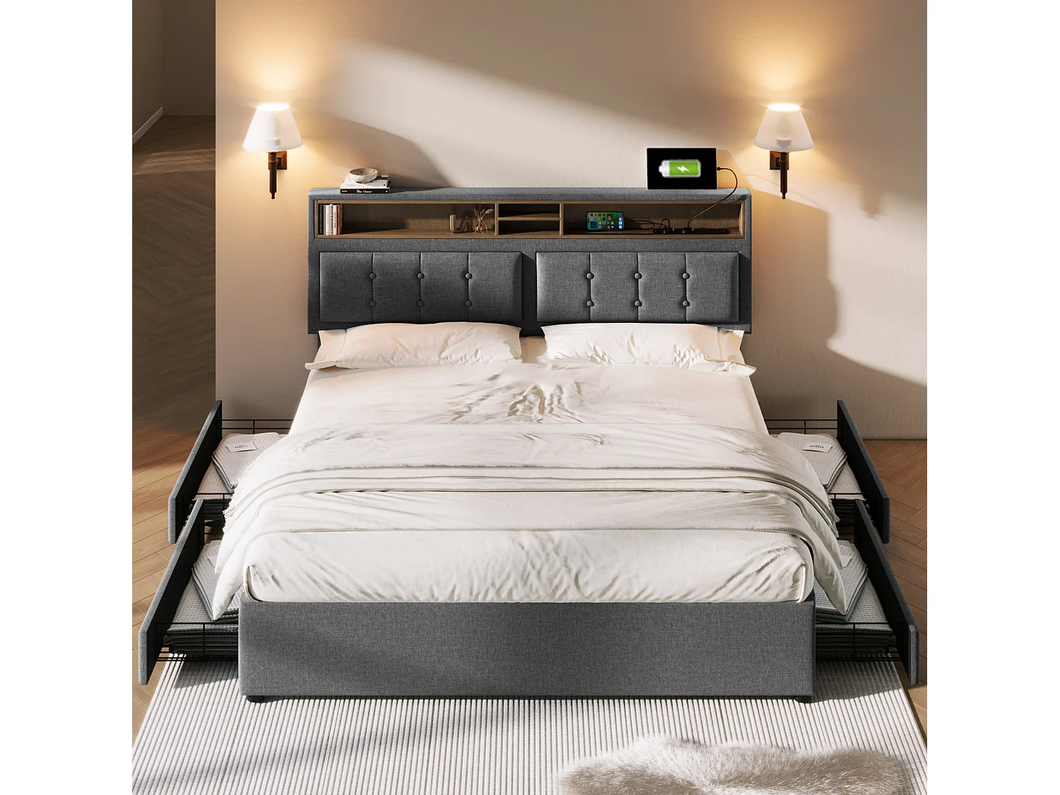 Łóżko małżeńskie 160 x 200 cm z 4 szufladami i gniazdem USB C - regulowany zagłówek - szare 3039940 - obrazek 1