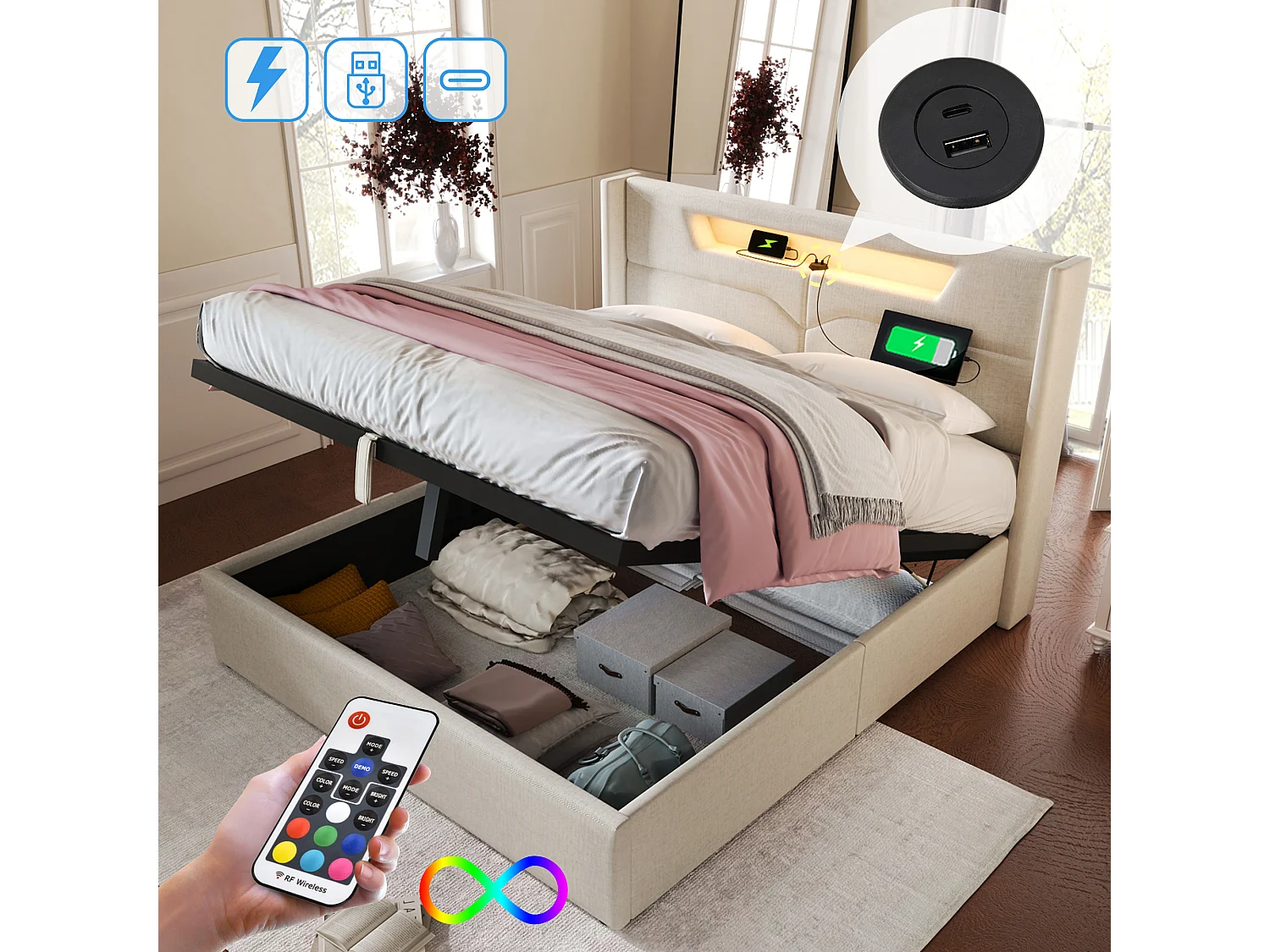 Łóżko dla dorosłych ze schowkiem 160 x 200 cm z zagłówkiem - USB + Typ C + LED - tkanina lniana - beż 3039949 - obrazek 1