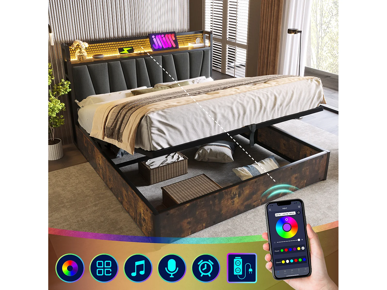 Łóżko dla dorosłych ze schowkiem 180 x 200 cm - sterowanie aplikacją LED + USB - drewno + len - styl industrialny - szary 3039961 - obrazek 1
