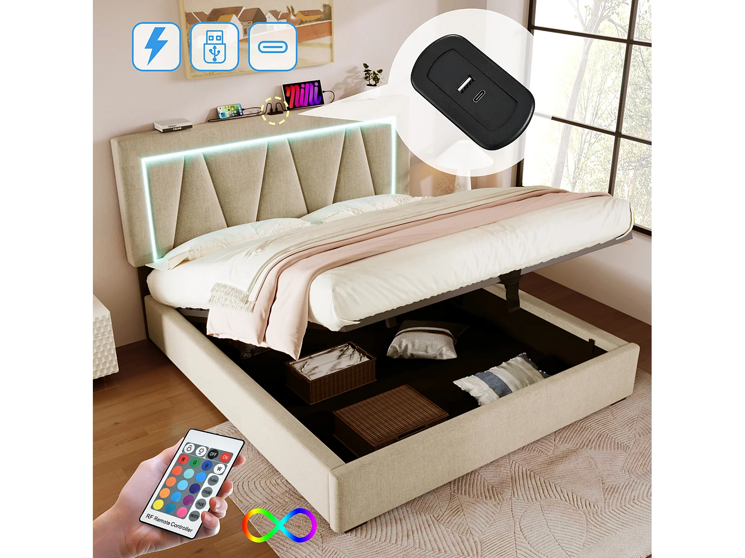 Łóżko dla dorosłych 160 x 200 cm ze schowkiem - USB + Typ C + LED - tkanina lniana - beż 3039972 - obrazek 1