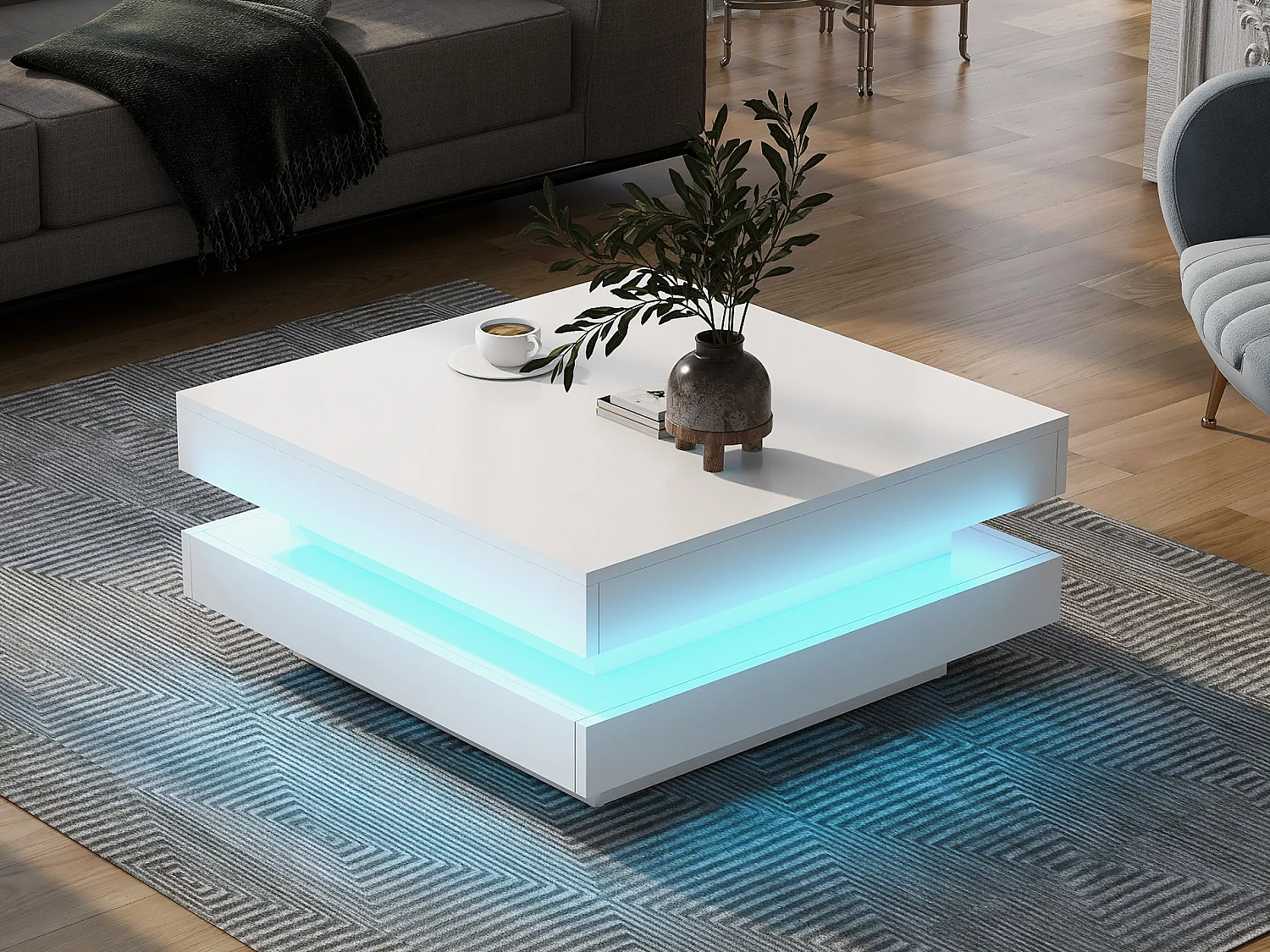 Biały kwadratowy stolik kawowy – z oświetleniem LED 16 kolorów – styl nowoczesny – drewno MDF – 70x70x36 cm 3120863