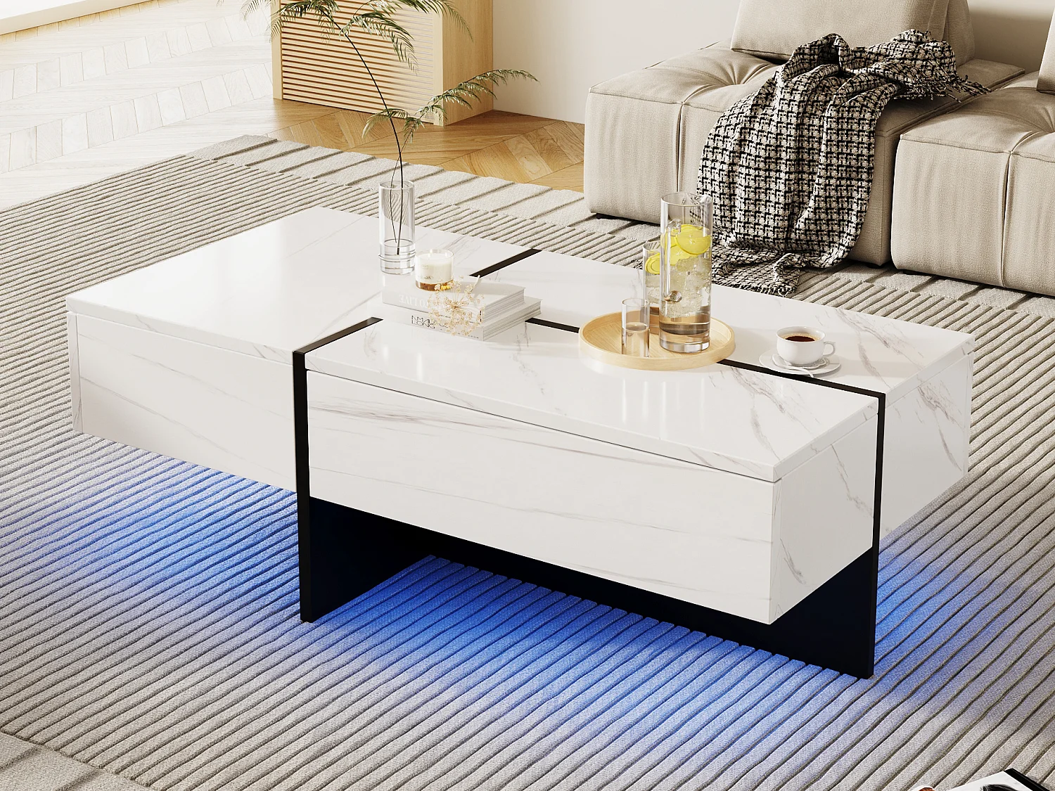 Biały błyszczący stolik kawowy, stolik do salonu, blat z wzorem marmuru z diodami LED, 100 x 50 x 34,5 cm 3120866 - obrazek 1