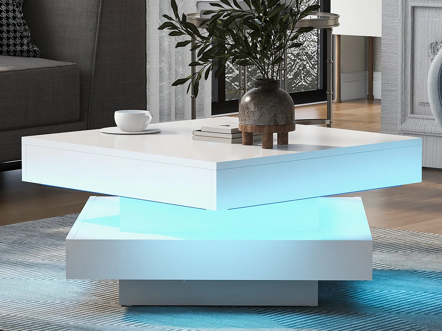Biały błyszczący kwadratowy stolik kawowy z obrotowym blatem – nowoczesny styl Techno z 16-kolorowym oświetleniem LED, 70x70x36 cm 3120873