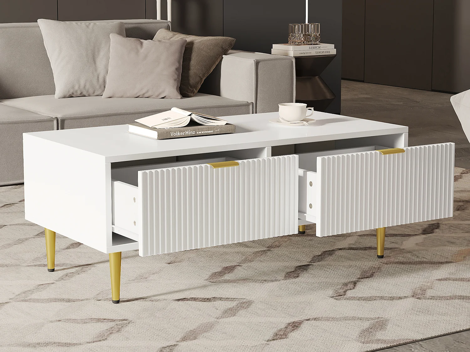 Elegancki biały stolik kawowy ze złotymi zdobieniami, 2 szuflady, pionowy wzór pasów, drewno MDF, 100 x 50 x 40 cm 3120879 - obrazek 1