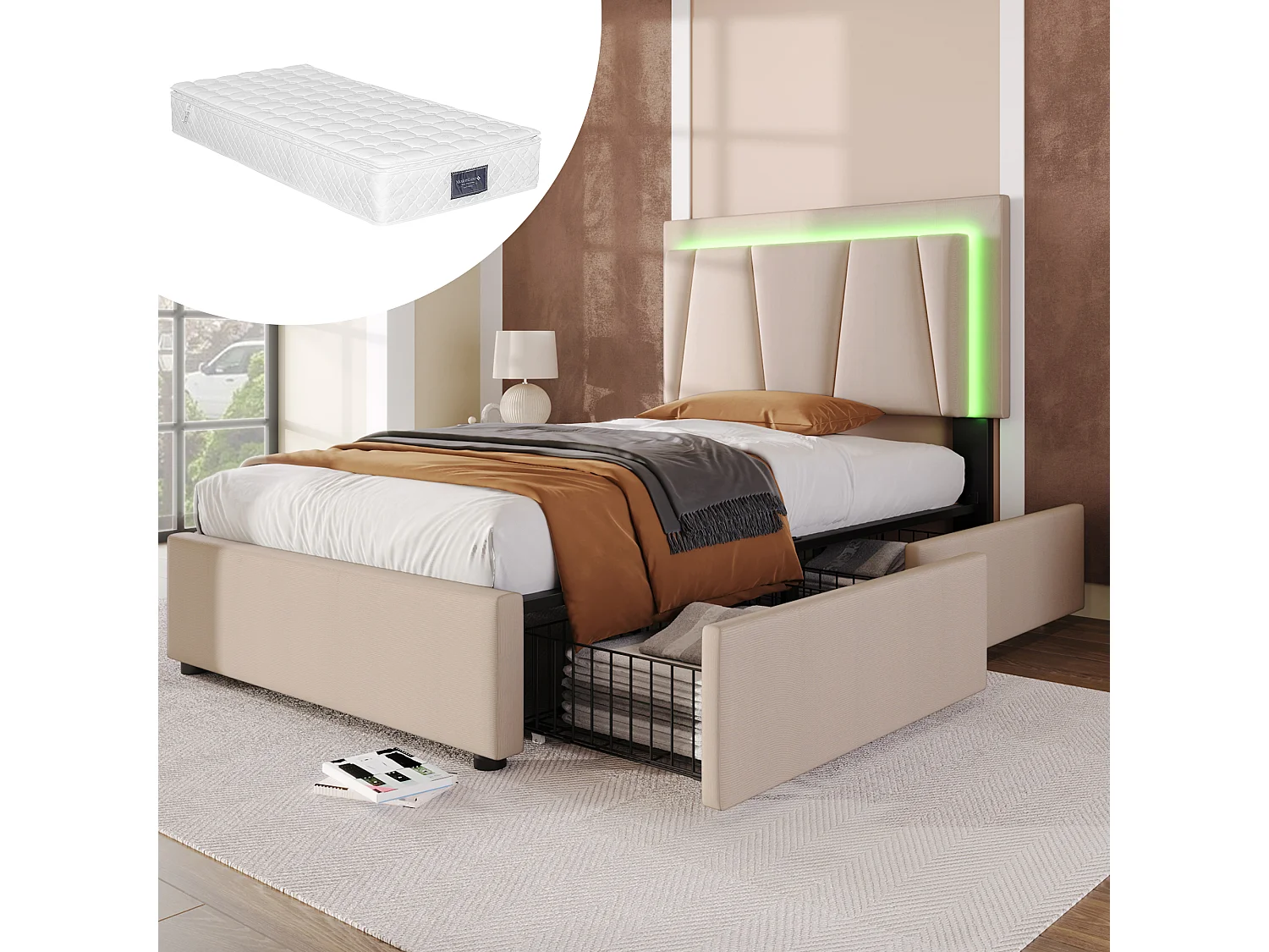 Łóżko dziecięce tapicerowane 90 x 200 cm 2 szuflady + regulowany zagłówek - LEDy - Tkanina lniana - Beż + Materac 3144561 - obrazek 1