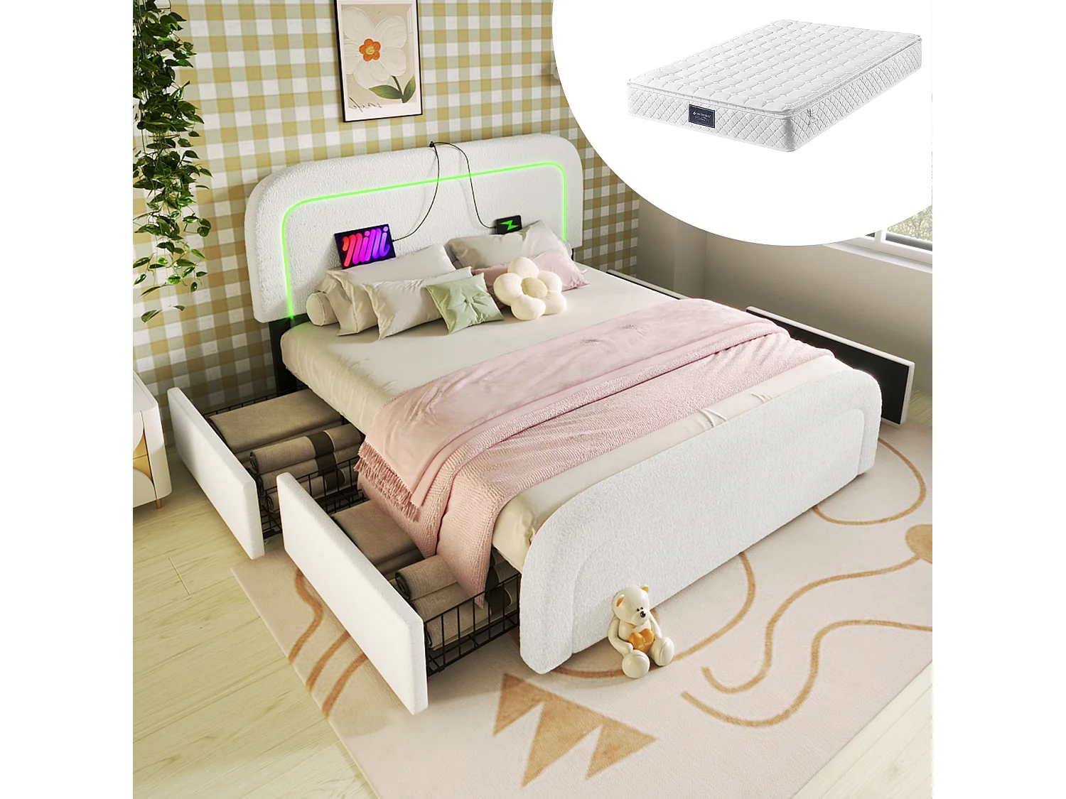 Łóżko dla dorosłych 160 x 200 cm z 2 szufladami i regulowanym zagłówkiem - USB + Typ C - tkanina Sherpa - białe + Materac 3144562 - obrazek 1