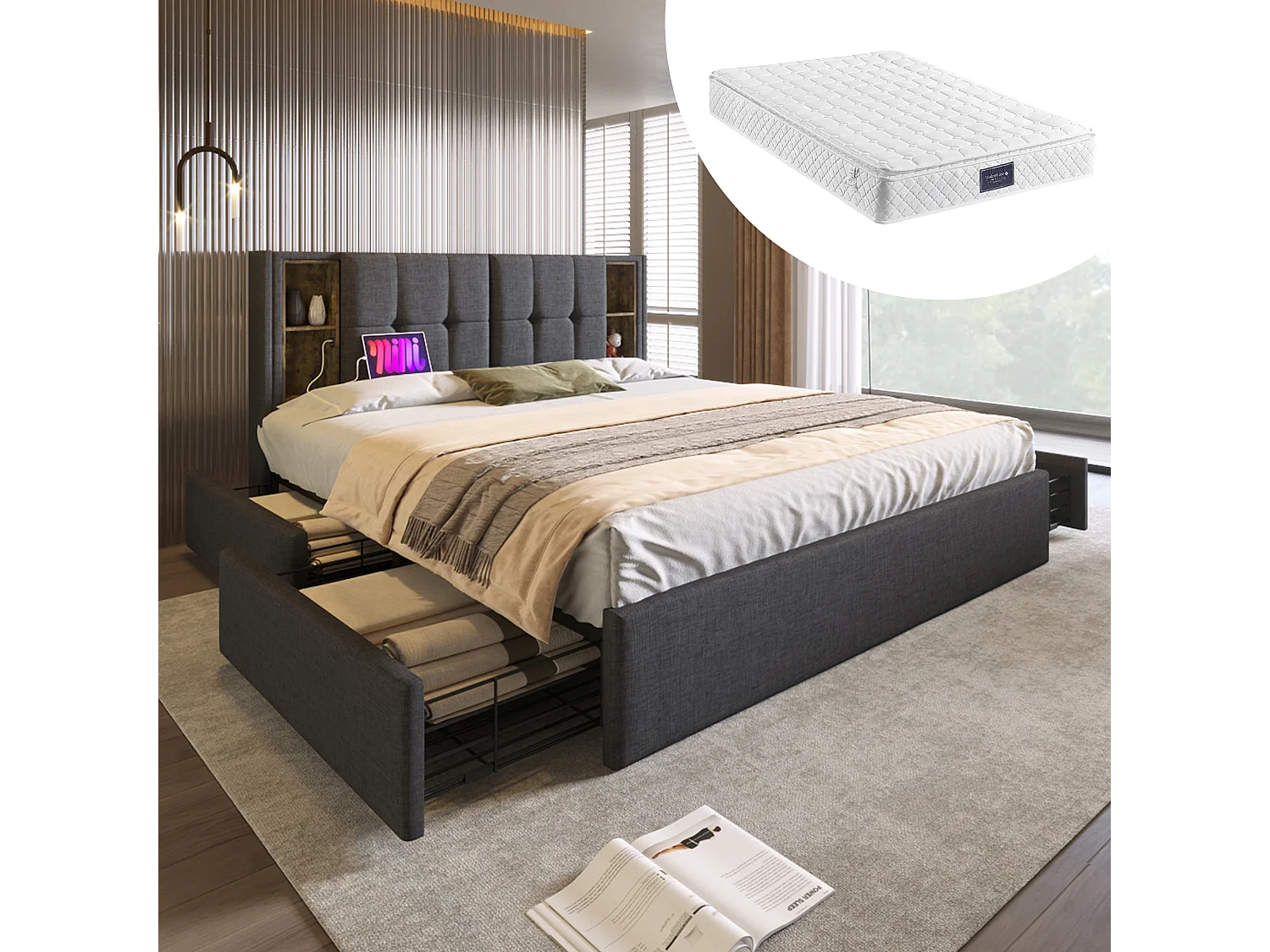 Łóżko dwuosobowe 160 x 200 cm z ładowaniem bezprzewodowym USB C i 4 szufladami - aksamitne - szare + Materac 3144572 - obrazek 1