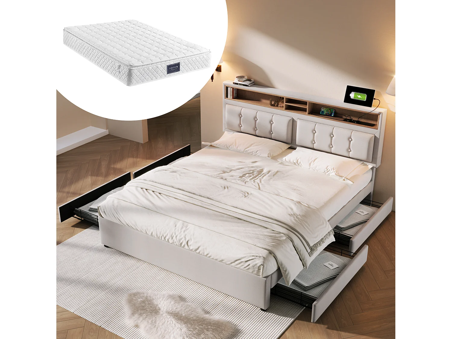 Łóżko małżeńskie 160 x 200 cm z 4 szufladami i gniazdem USB C - regulowany zagłówek - beż + Materac 3144579 - obrazek 1