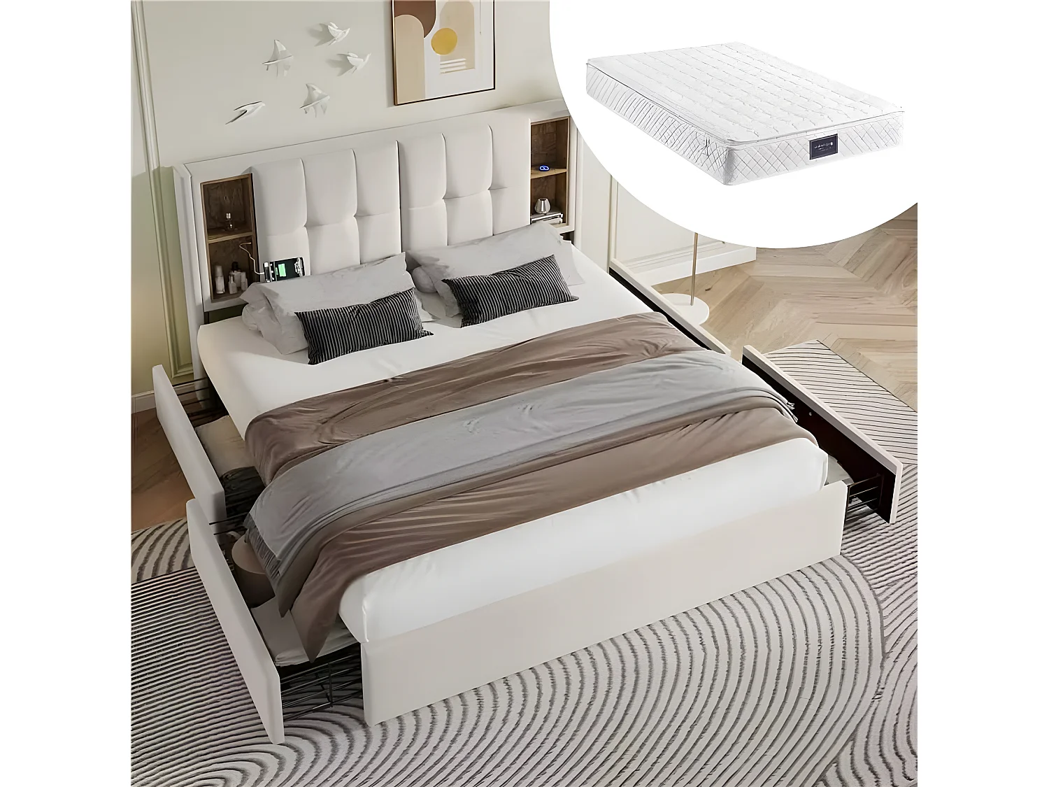 Łóżko dwuosobowe 160 x 200 cm z ładowaniem bezprzewodowym USB C i 4 szufladami - aksamitne - beżowe + Materac 3144602 - obrazek 1