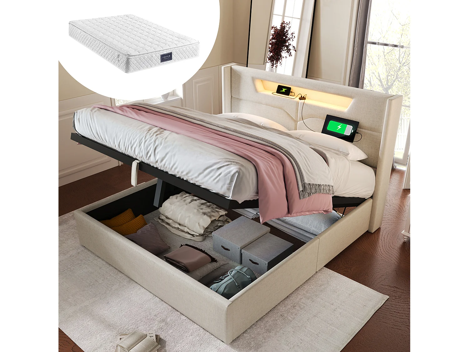 Łóżko dla dorosłych ze schowkiem 160 x 200 cm z zagłówkiem - USB + Typ C + LED - tkanina lniana - beż + Materac 3144611 - obrazek 1