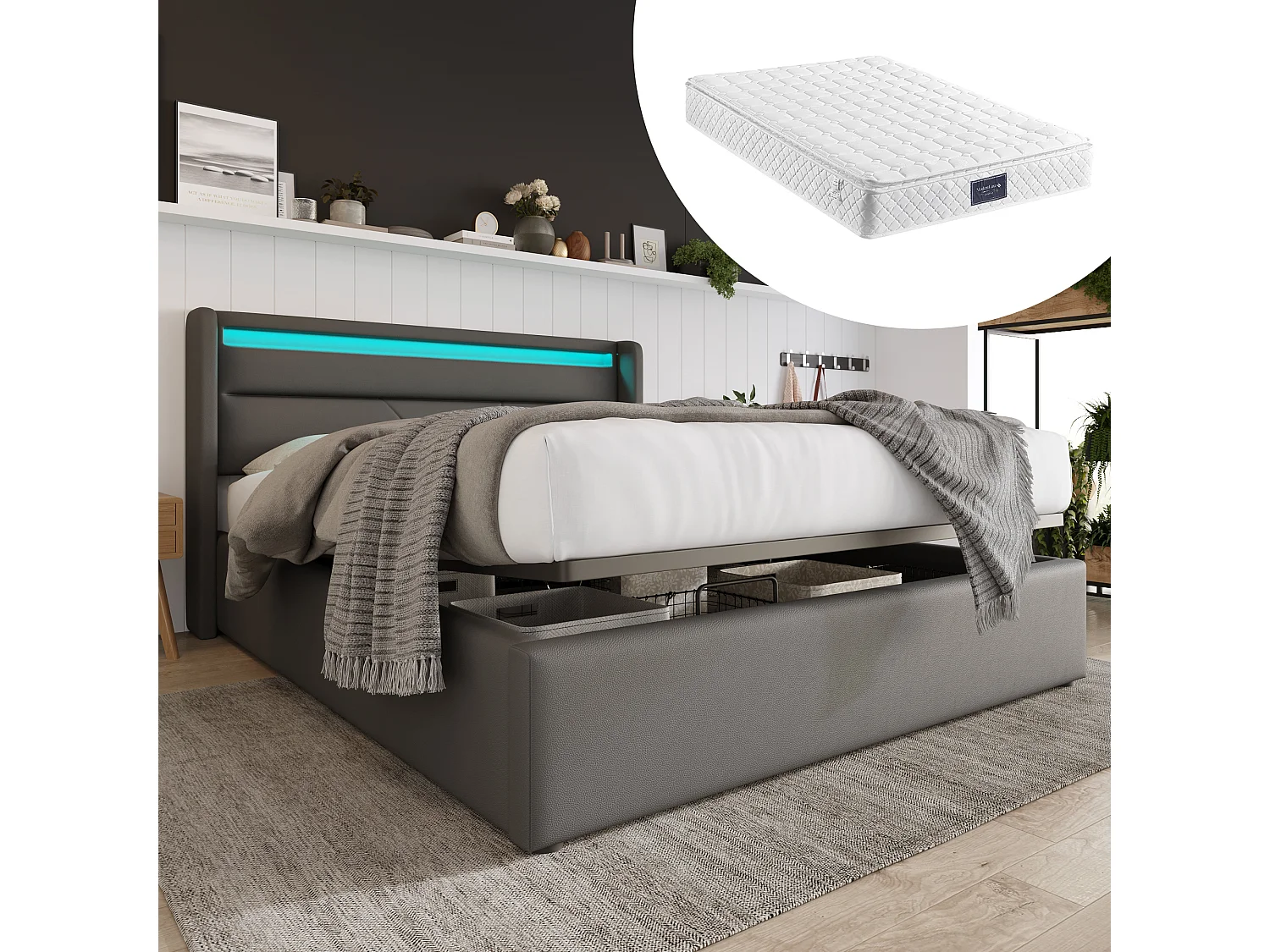 Łóżko dla dorosłych ze schowkiem 140 x 200 cm z zagłówkiem - LED - skóra PU - Szare + Materac 3144628 - obrazek 1