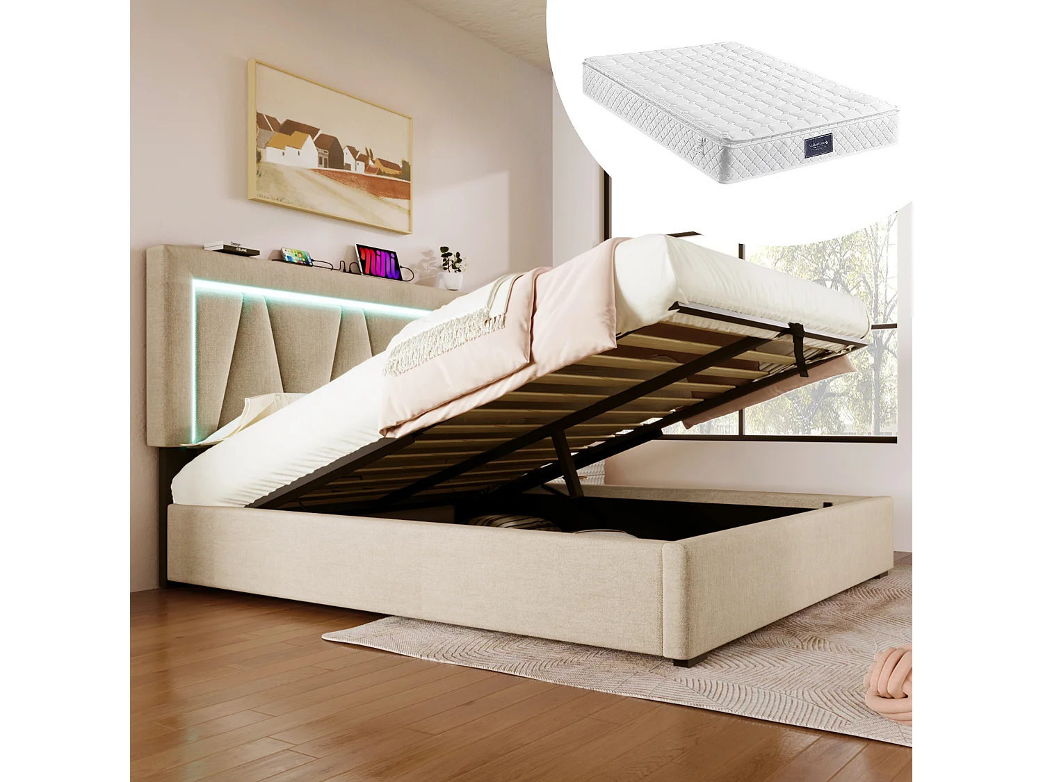 Łóżko dla dorosłych 140 x 200 cm ze schowkiem – USB + Typ C + LED – tkanina lniana – beż + Materac 3144633