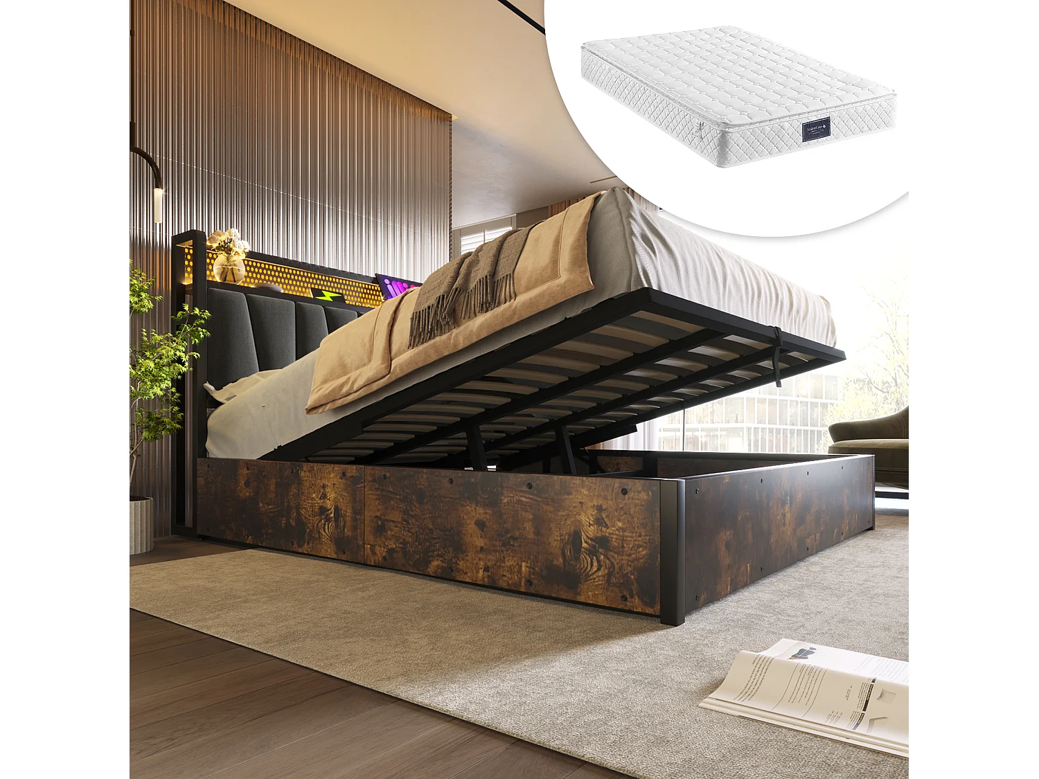 Łóżko dla dorosłych ze schowkiem 160 x 200 cm - sterowanie aplikacją LED + USB - drewno + len - styl industrialny - szary + materac 3144630 - obrazek 1