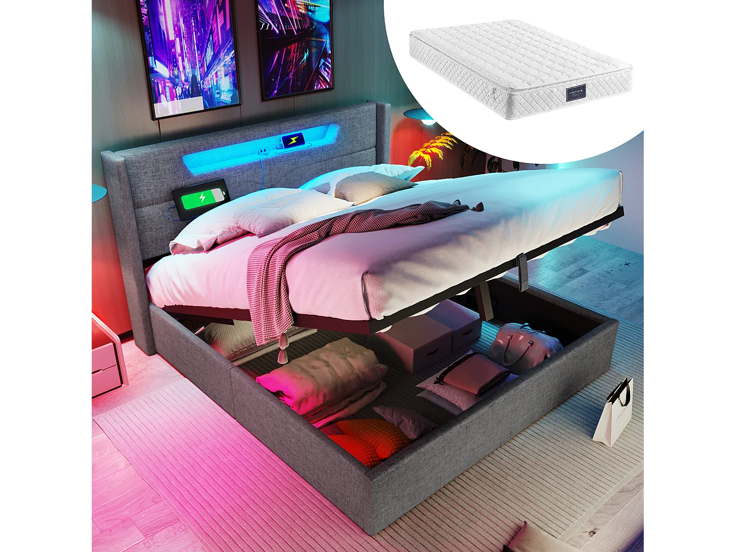 Łóżko dla dorosłych ze schowkiem 160 x 200 cm z zagłówkiem - USB + Typ C + LED - tkanina lniana - szare + Materac 3144640 - obrazek 1
