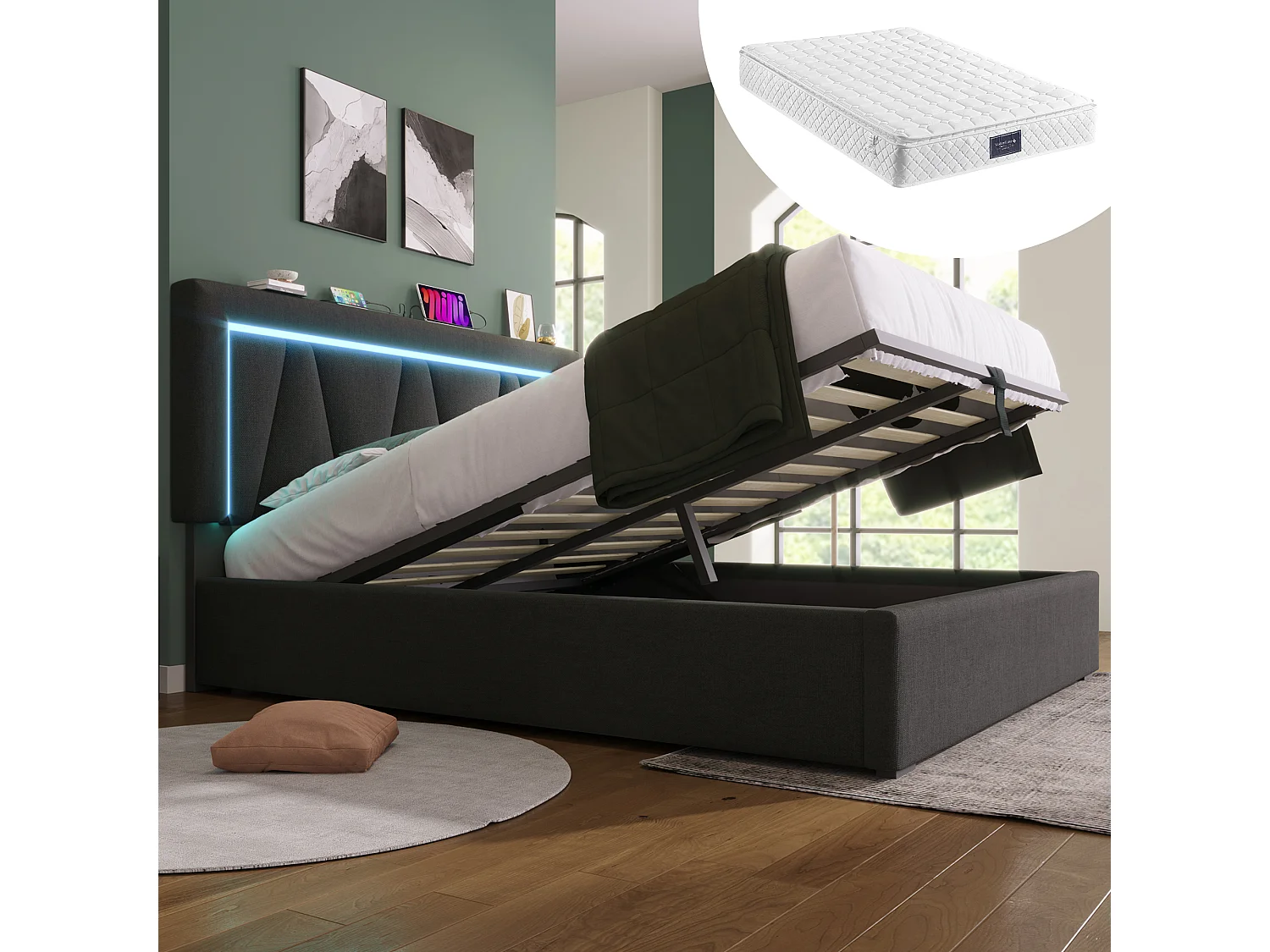Łóżko dla dorosłych 140 x 200 cm ze schowkiem - USB + Typ C + LED - tkanina lniana - szare + Materac 3144641 - obrazek 1