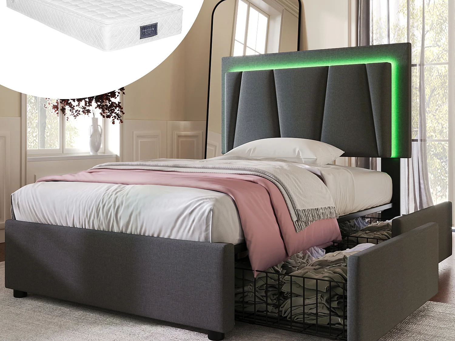 Łóżko dziecięce tapicerowane 90 x 200 cm 2 szuflady + regulowany zagłówek - LED - Tkanina lniana - Szare + Materac 3144586 - obrazek 1