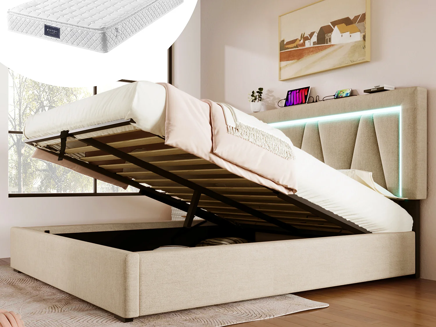 Łóżko dla dorosłych 160 x 200 cm ze schowkiem - USB + Typ C + LED - tkanina lniana - beż + Materac 3144618 - obrazek 1
