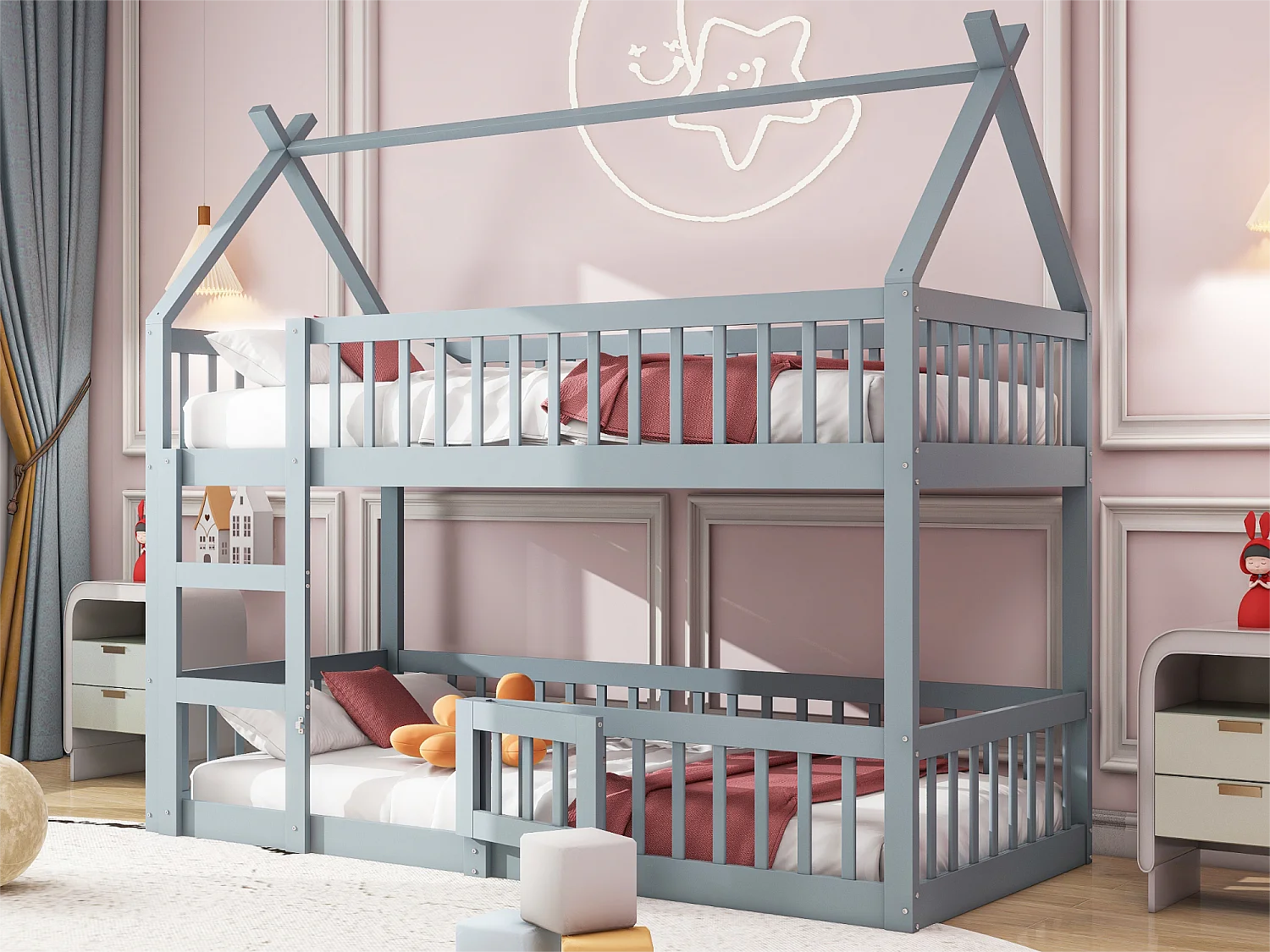 Łóżko piętrowe 90x200cm – z litego drewna – z drabinką – Szare 3162129