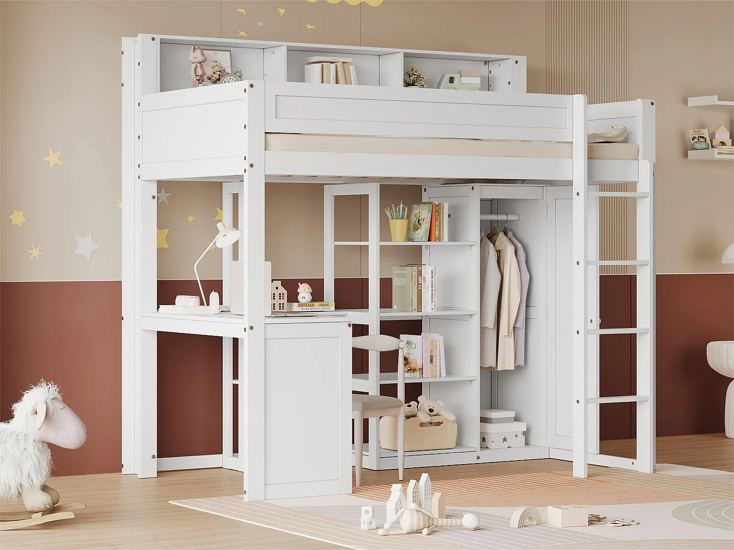 Łóżko mezzanine z drewna sosnowego i MDF - 90x200 cm - z półkami na górze, biurkiem i szafą - Białe 3051841 - obrazek 1