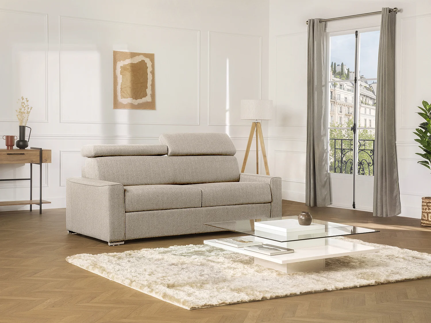 Kanapa 2-osobowa rozkładana typu express z tkaniny VIZIR - kolor beżowy - pow. spania: 120 cm - Materac 22 cm 137807 - obrazek 1