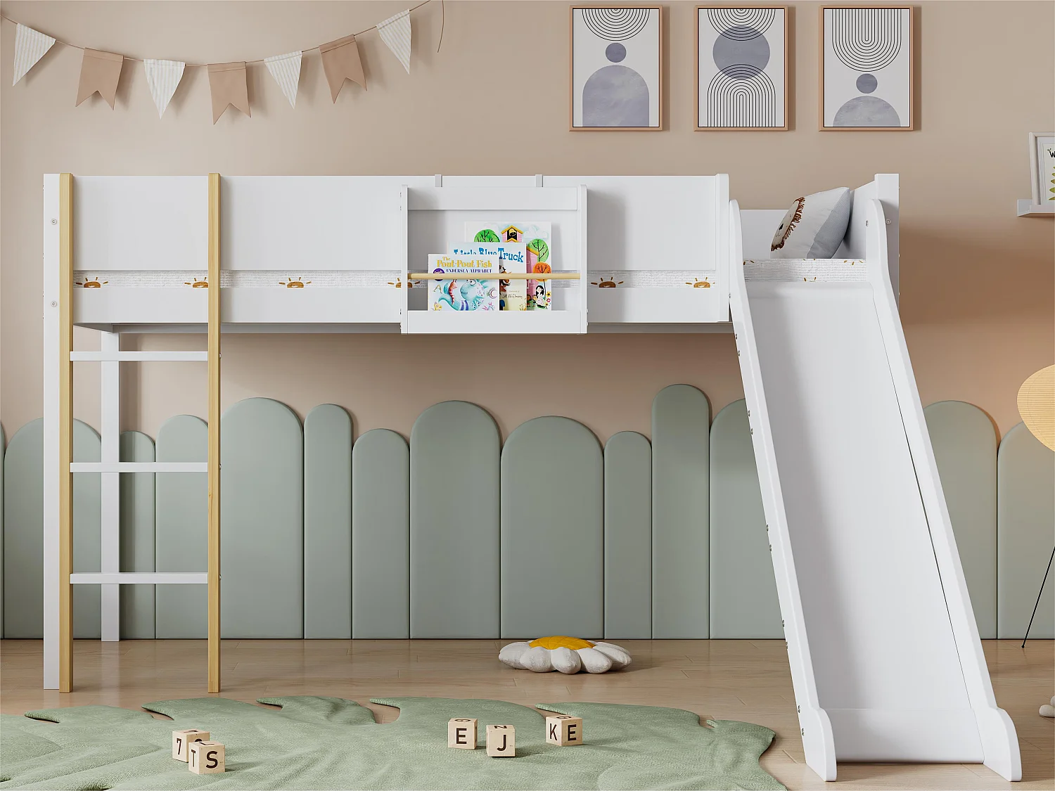 Łóżko mezzanine 90x200 cm z regulowaną półką - z drabinką i zjeżdżalnią - z drewna sosnowego i MDF - Białe 3248411 - obrazek 1