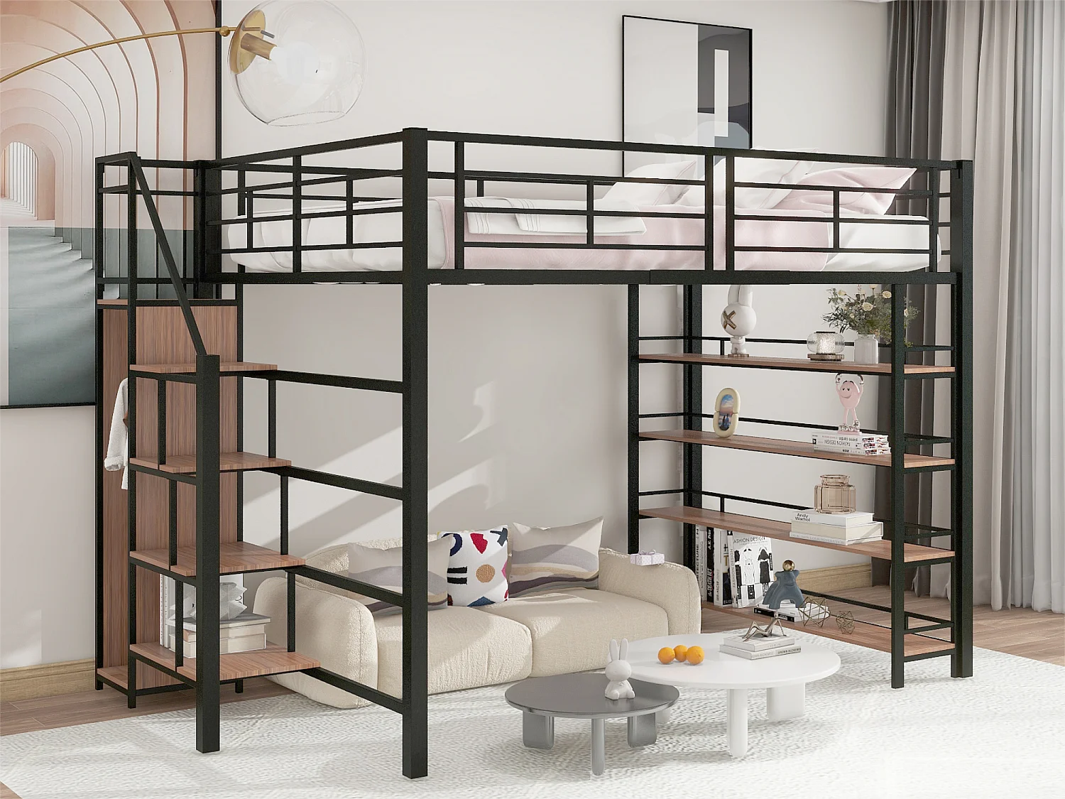 Łóżko mezzanine 140x200 cm - z małą szafą i półkami do przechowywania - Czarny 3260918 - obrazek 1