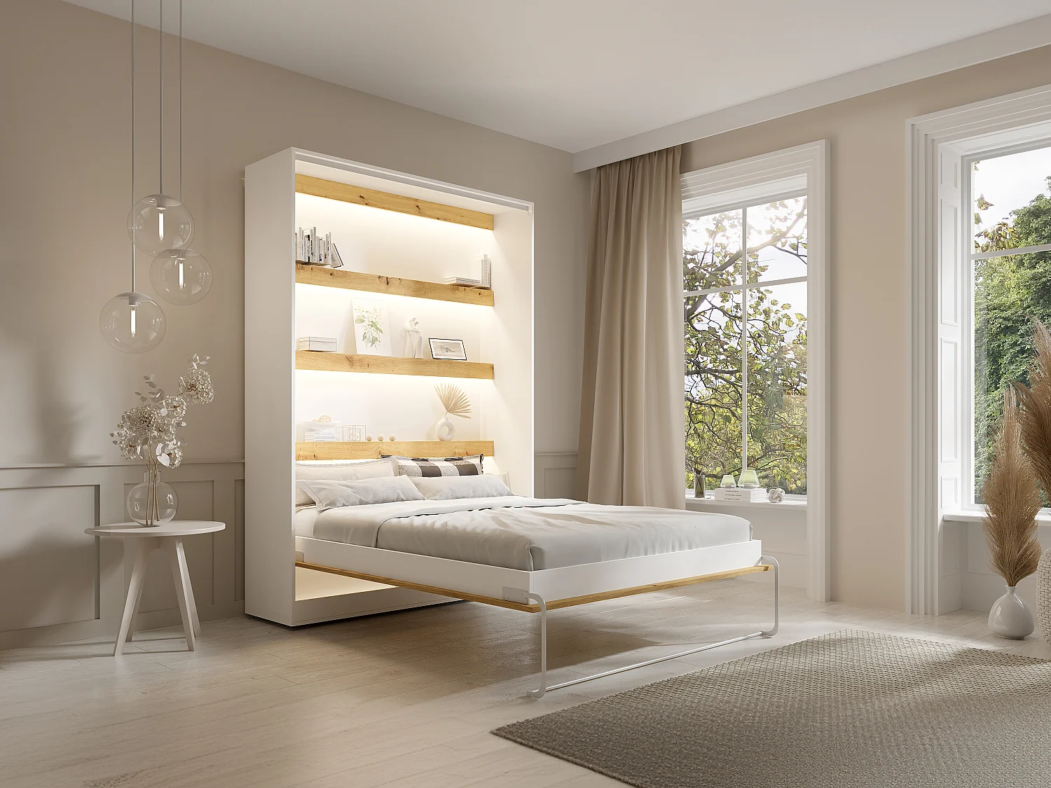 Łóżko chowane w szafie 140 × 200 cm – Otwieranie pionowe manualne – Oświetlenie LED – Białe i naturalne + Materac – RAPILI 3252712