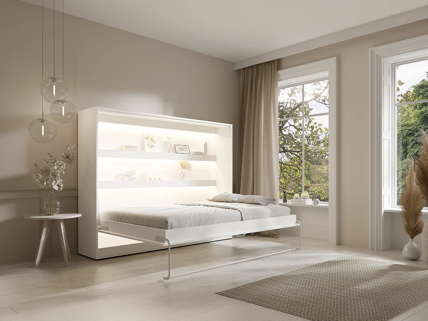 Łóżko chowane w szafie 140 × 200 cm – Otwieranie poziome manualne – Oświetlenie LED – Białe + Materac – RAPILI 3252709