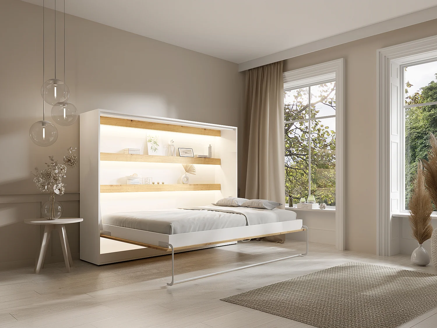 Łóżko chowane w szafie 140 × 200 cm – Otwieranie poziome manualne – Oświetlenie LED – Białe i naturalne + Materac – RAPILI 3252710