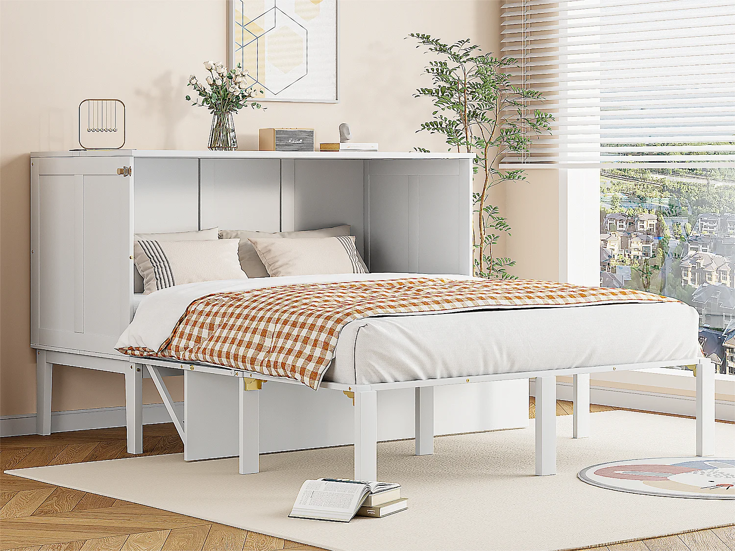 Łóżko chowane 140×200 cm z drewna – z stelażem na listwach – Białe 3269461