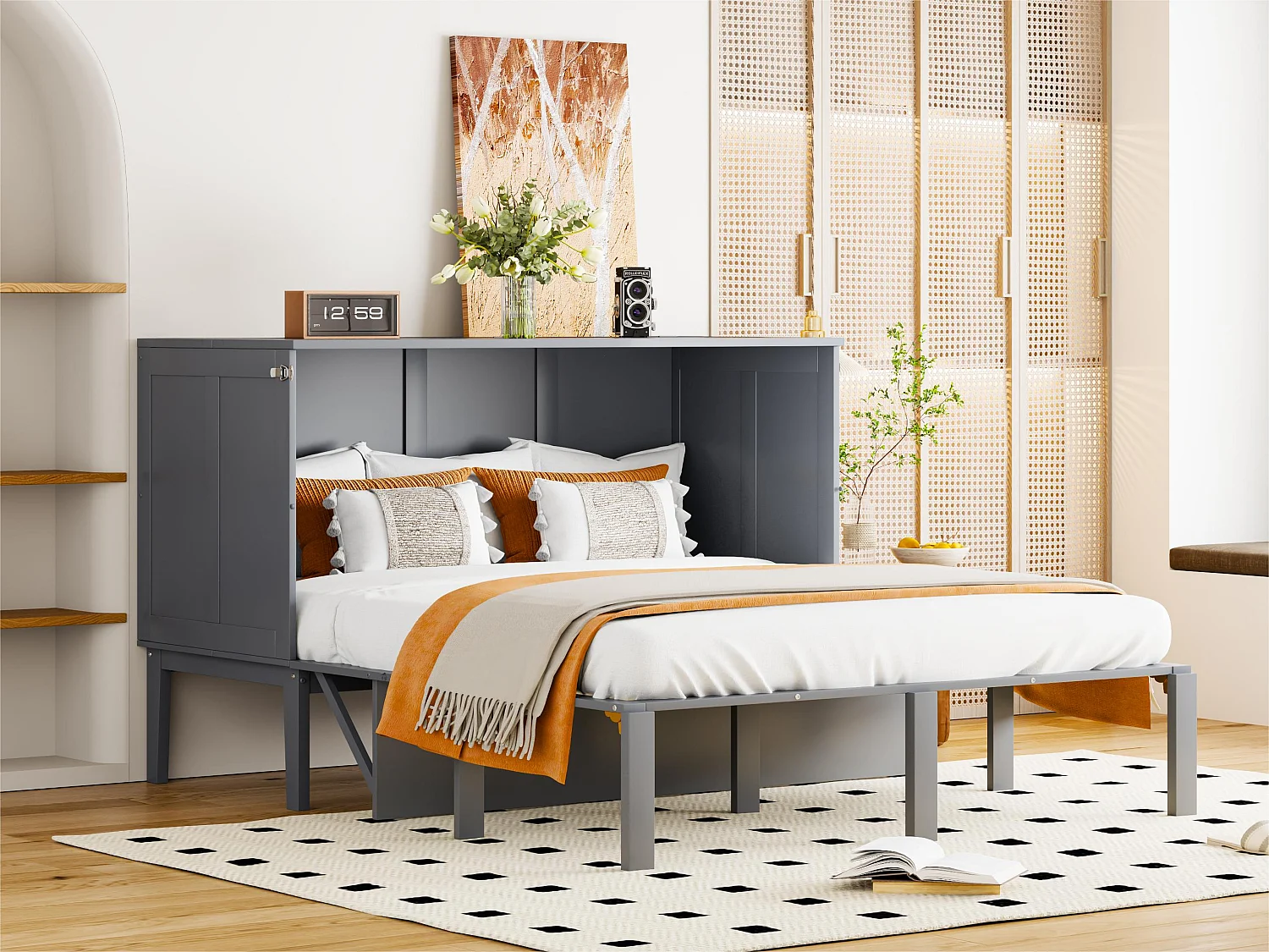 Łóżko chowane 140×200 cm z drewna – z stelażem na listwach – Szare 3269462