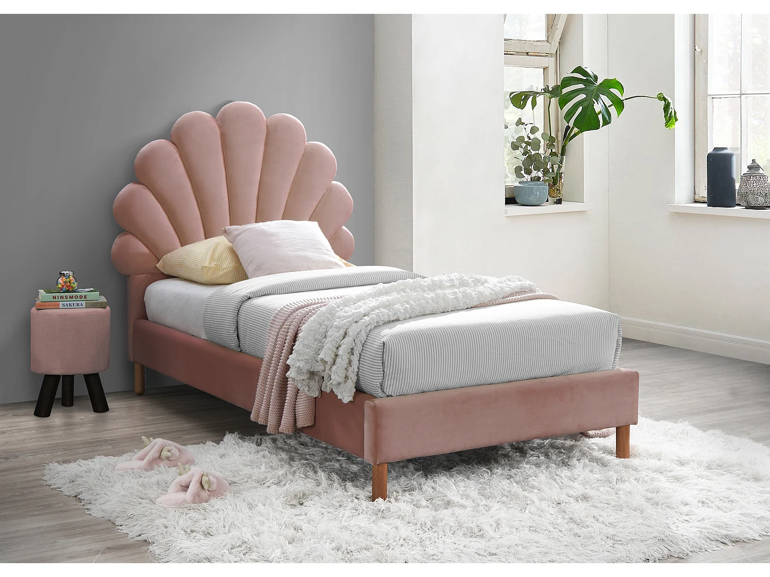 Łóżko w kształcie muszli 90 × 190 cm – welur – kolor różowy, materac w zestawie – MOANA 127991