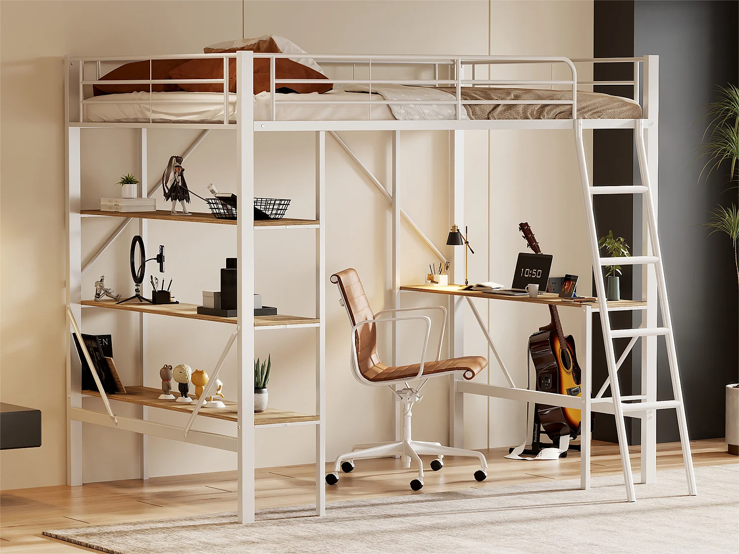 Łóżko mezzanine z żelaza - 90x200cm - z biurkiem i 3 półkami - Białe 3286415 - obrazek 1