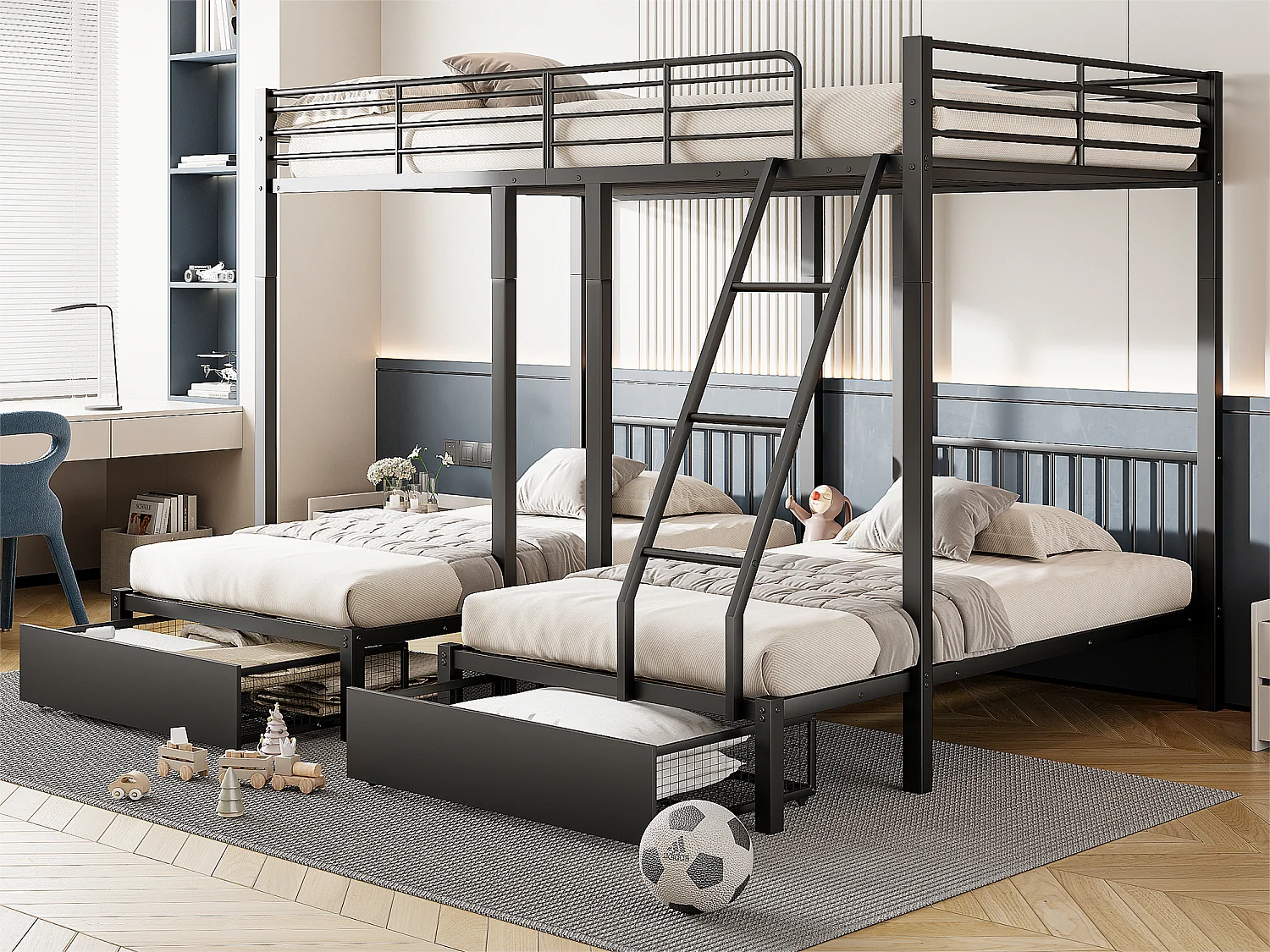 Łóżko piętrowe dla 3 dzieci z 2 szufladami - 140x200cm i 2x90x200cm - rama z materacem - Czarny (materac nie jest w zestawie) 3263561 - obrazek 1