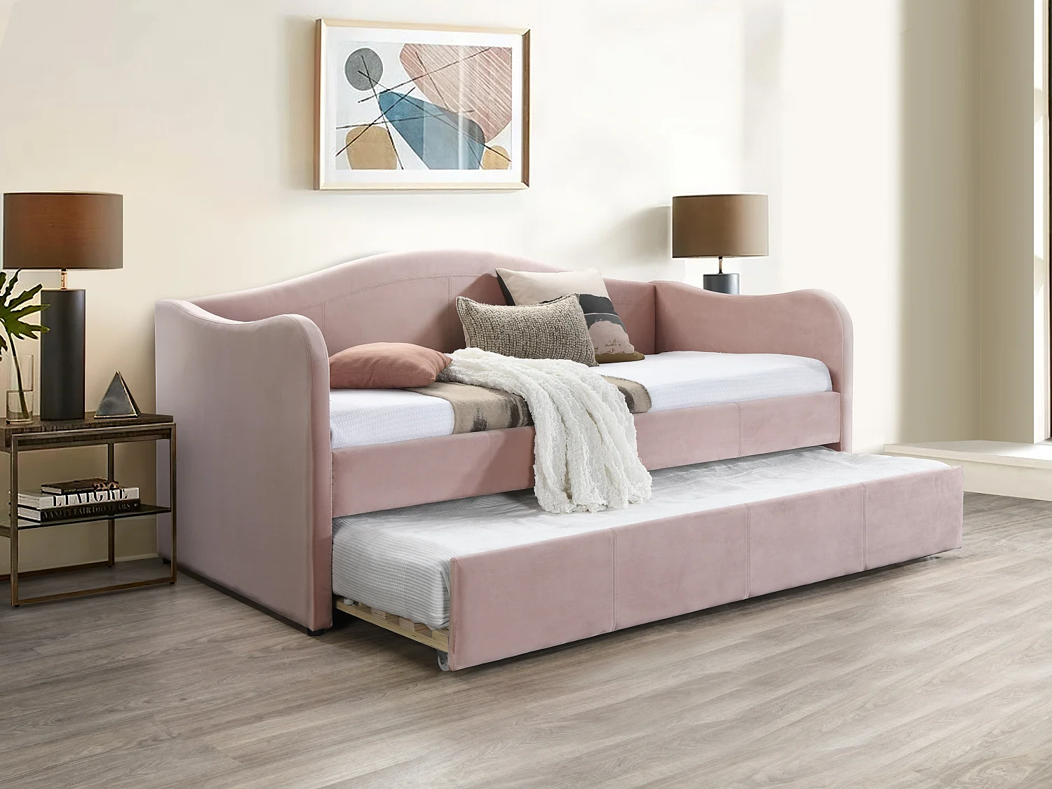Łóżko dzienne wysuwane 2 x 90 x 190 cm - Welur - Różowy - MATHILDE 2167407 - obrazek 1