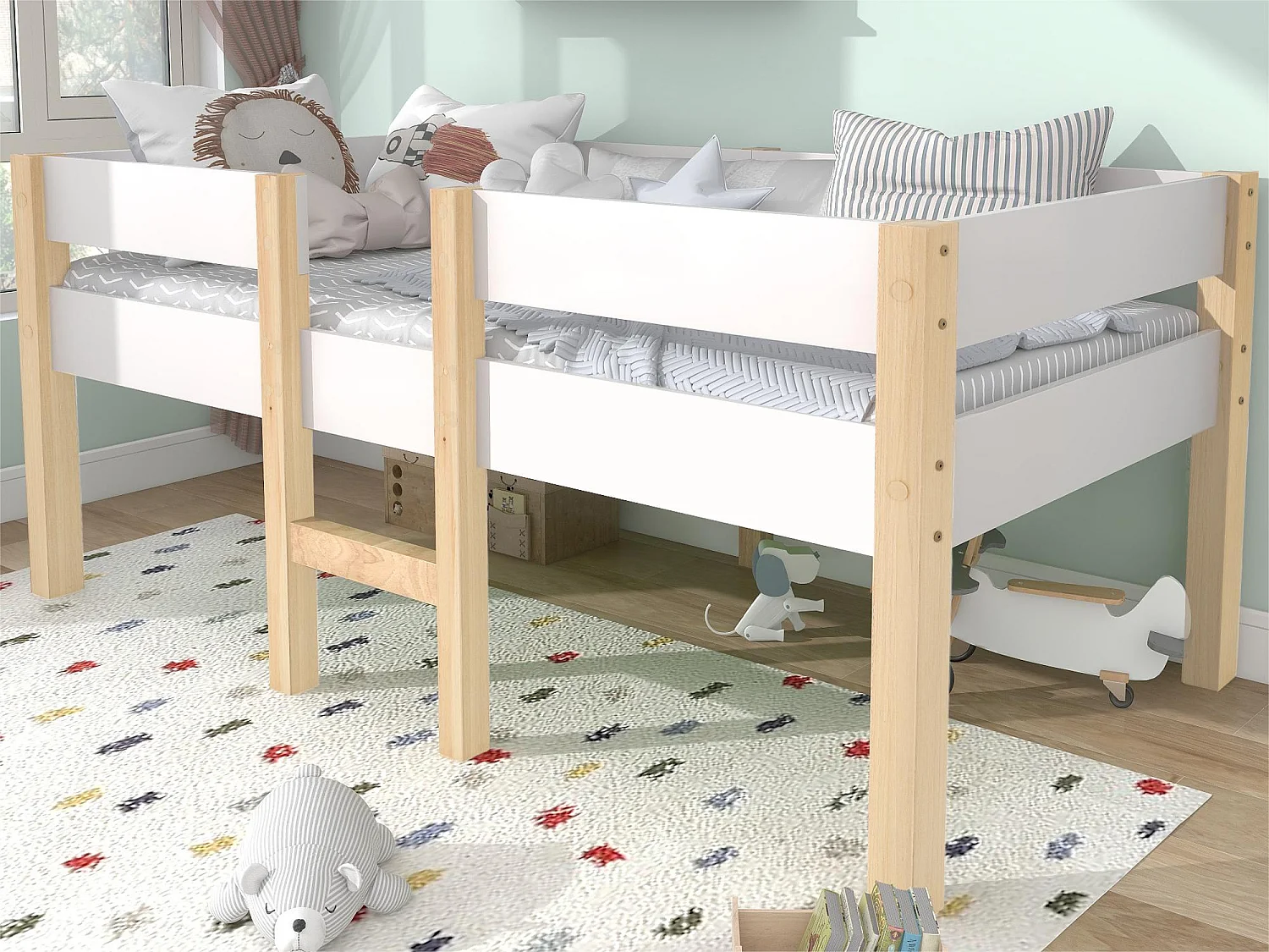 Łóżko mezzanine z barierkami zabezpieczającymi - z litego drewna sosnowego - 90x190 cm - Białe 1384677 - obrazek 1