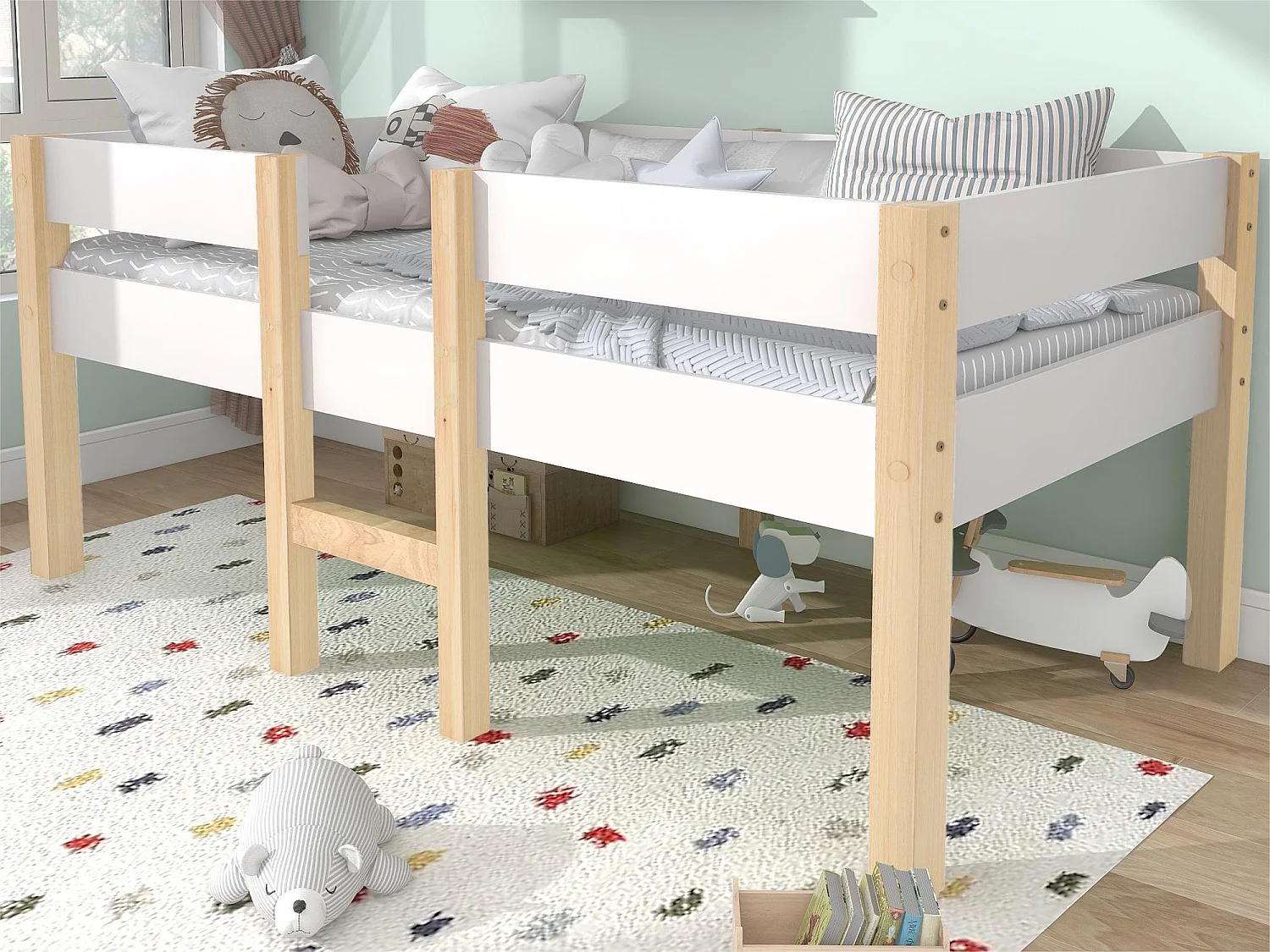 Łóżko mezzanine z barierkami zabezpieczającymi - z litego drewna sosnowego - 90x200 cm - Białe 1384735 - obrazek 1
