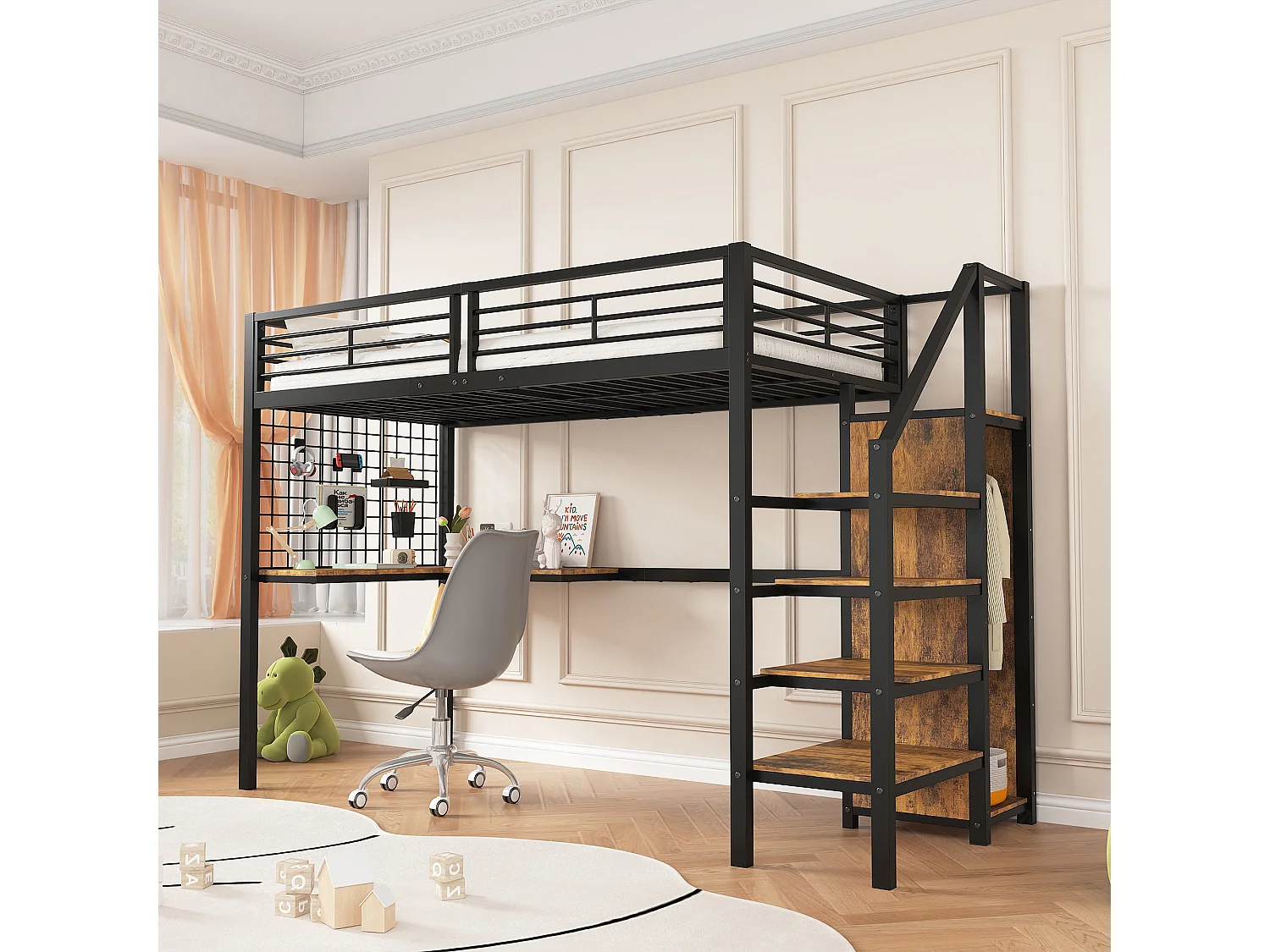 Łóżko piętrowe 90 x 200 cm z biurkiem narożnym i szafą - żelazo + płyta wiórowa - czarny + naturalny 3351747 - obrazek 1