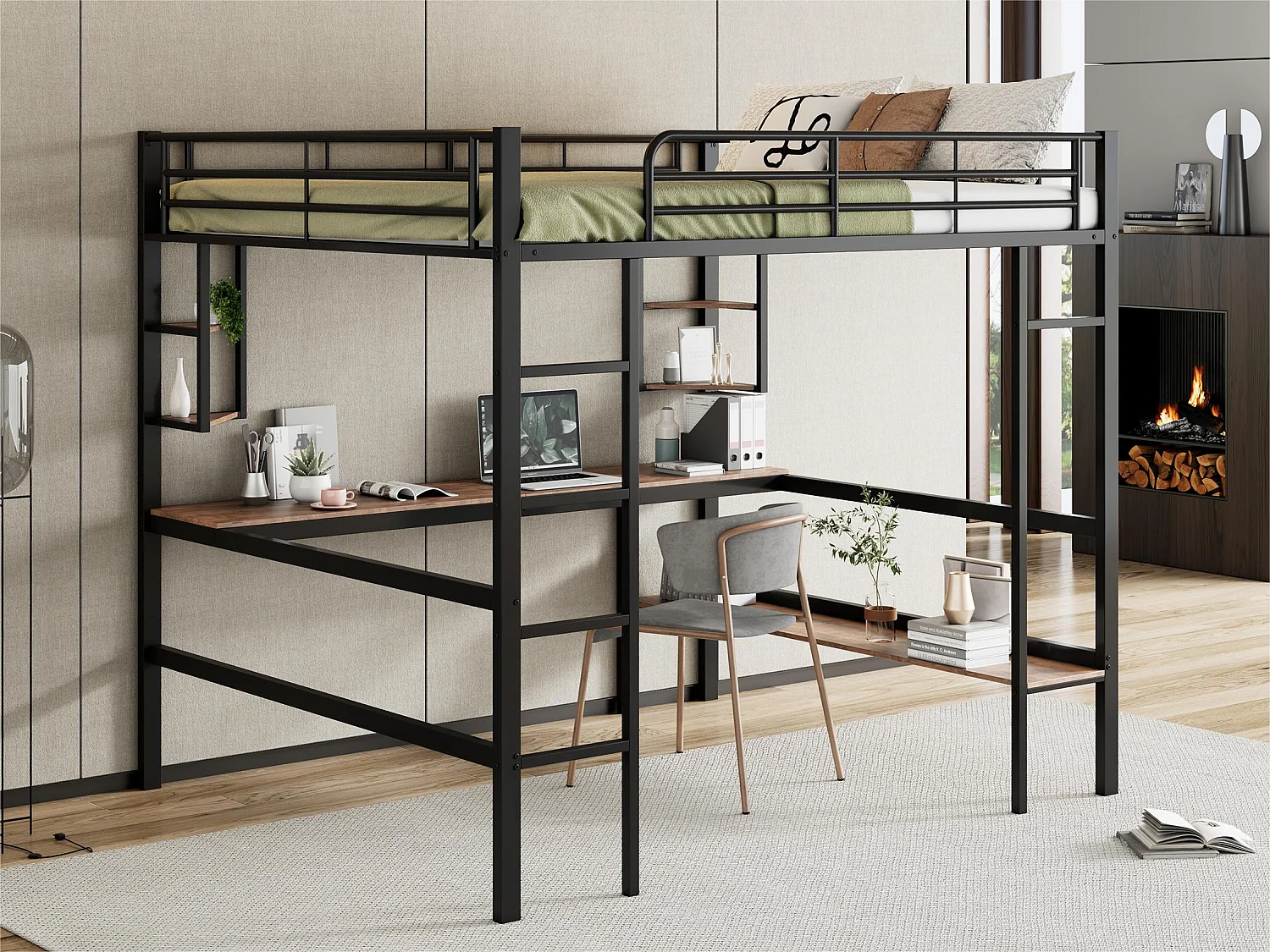 Łóżko mezzanine metalowe - 140x200cm - z biurkiem i 5 półkami - Czarne 3356450 - obrazek 1