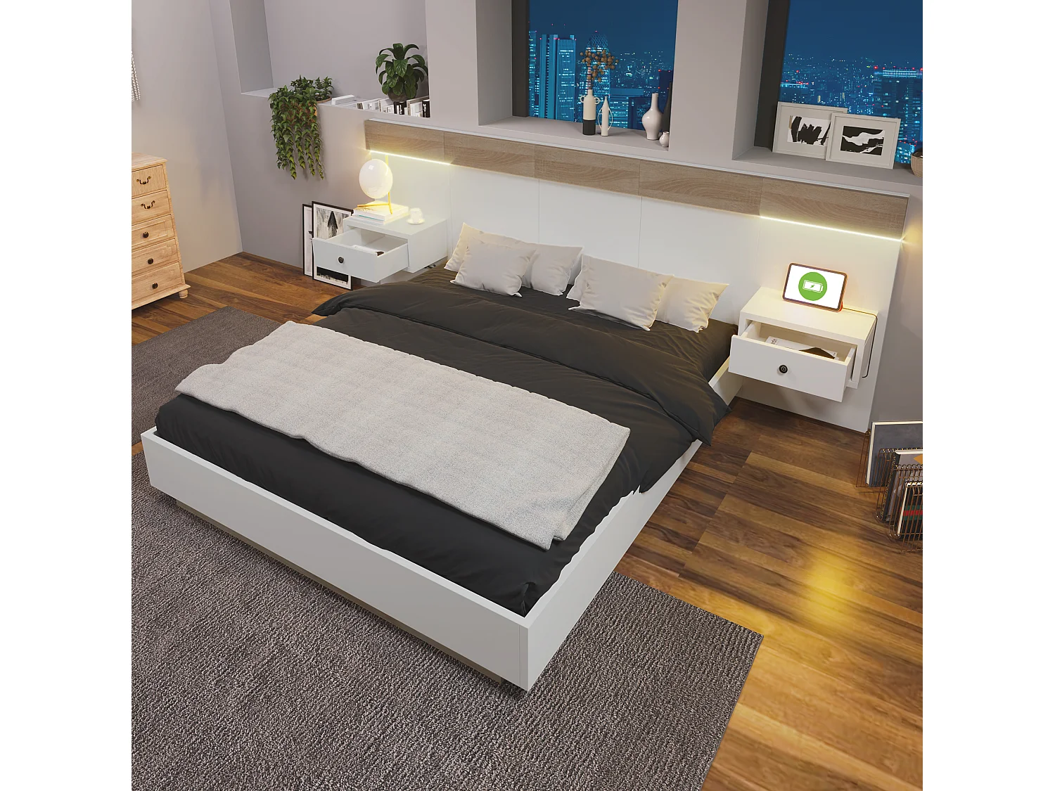 Łóżko małżeńskie drewniane 160 x 200 cm z 2 szufladami - 2 szafki nocne LED i gniazdo USB C - kolor dąb i biel 3402595 - obrazek 1