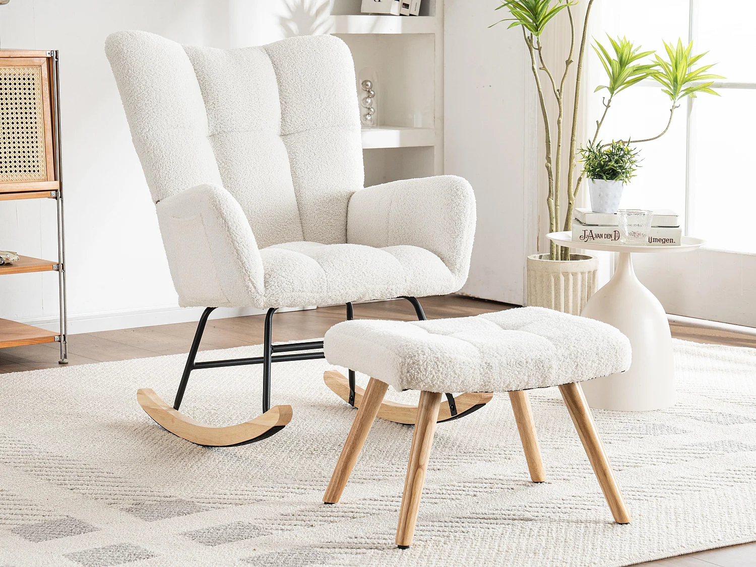 Fotel bujany, fotel bujany z tkaniny boucle - z podnóżkiem - Biały 3429661 - obrazek 1