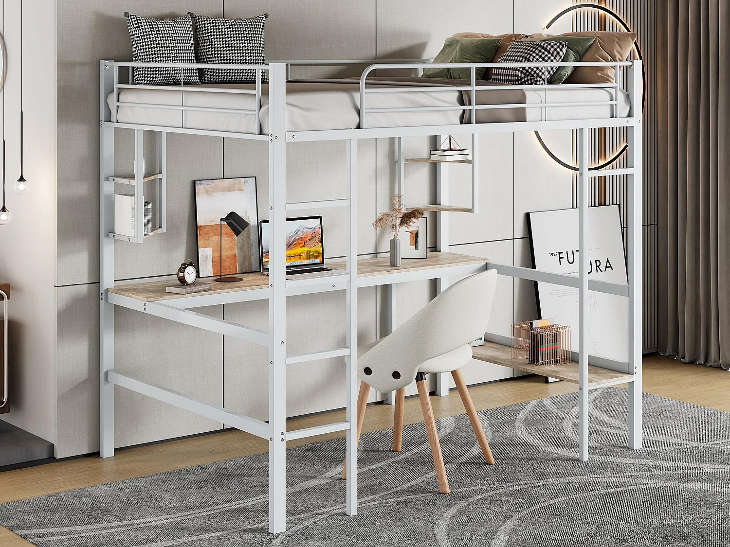 Łóżko mezzanine z żelaza - 90x200cm - z biurkiem i 5 półkami - Białe 3429901 - obrazek 1