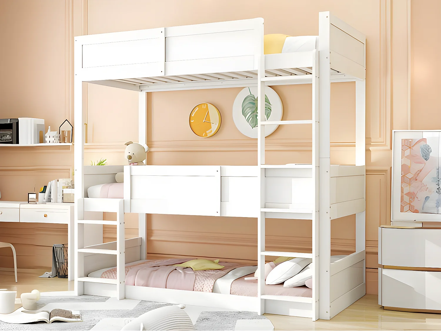 Łóżko piętrowe 3x90x200 cm z litego drewna - z 2 stelażami na listwy - Białe 3430586 - obrazek 1